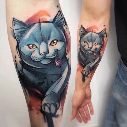 蓝色写实动物纹身：蓝色调的一组动物水彩色写实纹身图案