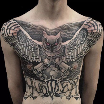 个性猫头鹰纹身：黑灰风格的一组猫头鹰纹身图案作品