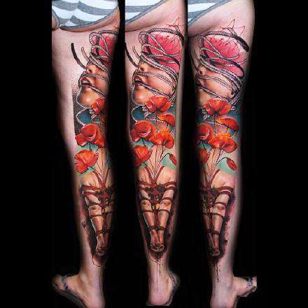 9张漂亮大腿上的彩色写实纹身图案作品