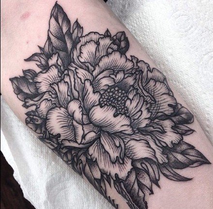纹在手臂胳膊上的黑灰素花花卉纹身图案欣赏