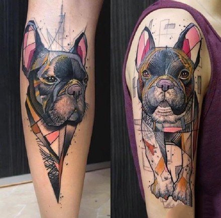 school风格的一组彩色狗狗纹身图案9张