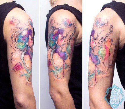水彩色的一组女孩创意纹身图案欣赏