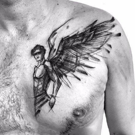 带双羽翼的一组黑灰天使纹身图案