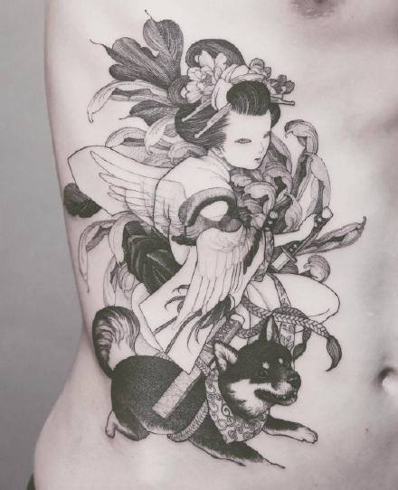 黑灰色调的一组日本艺伎纹身图案