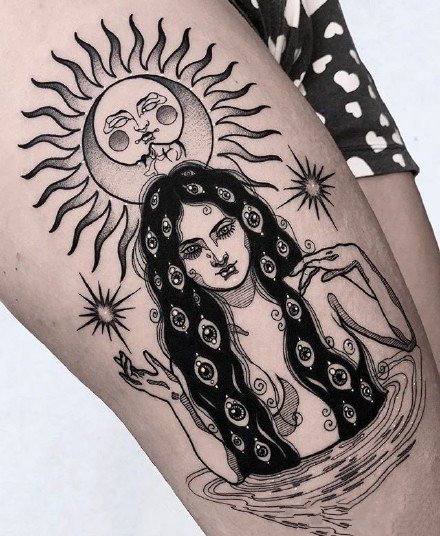 一组暗黑色的日月纹身设计图案欣赏