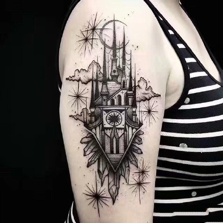 欧美大黑灰风格的城堡建筑系纹身作品