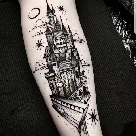 欧美大黑灰风格的城堡建筑系纹身作品