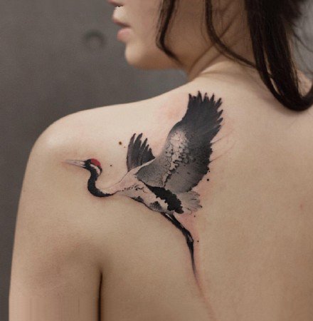 传统风的一组水墨仙鹤的纹身图案