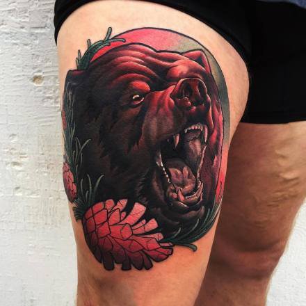 暗红系的一组大腿动物纹身作品图案