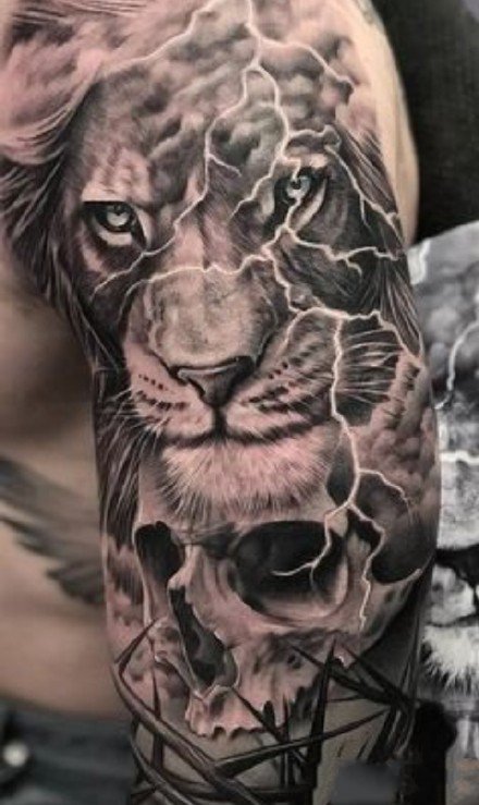 一组霸气的写实黑灰狮子纹身图片