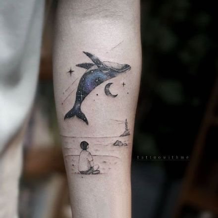 9张唯美的星空和鲸鱼搭配的纹身图案