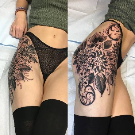 女性大腿侧到臀部的性感纹身图片