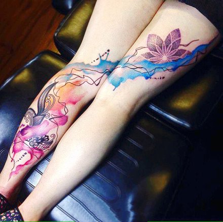 唯美的腿部水彩色漂亮纹身图片