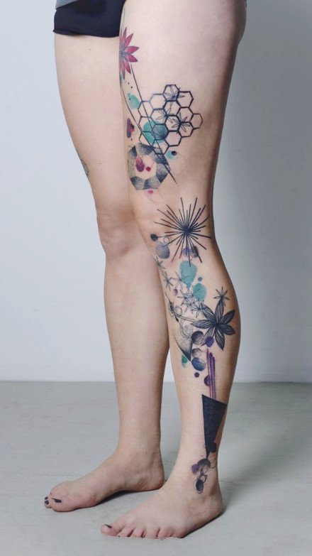 唯美的腿部水彩色漂亮纹身图片