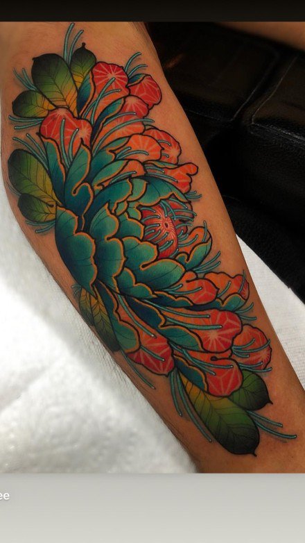 牡丹花的一组传统花卉纹身图案