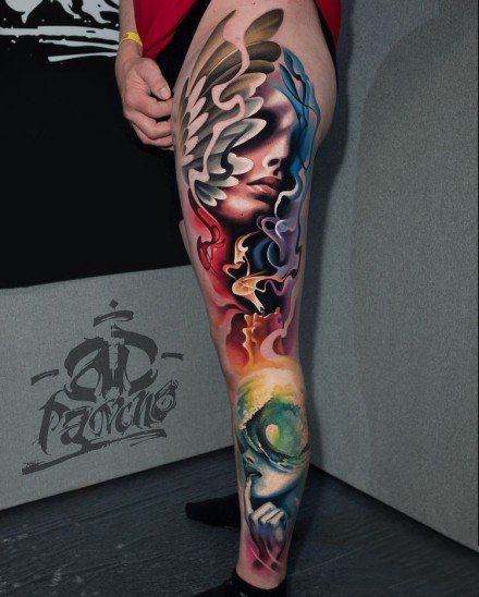 包臂包小腿的欧美写实人物纹身图