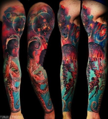 一组炫彩色大花臂纹身图案作品