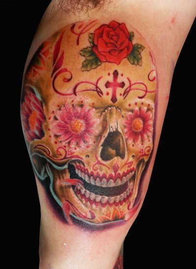 彩色的一组花朵骷髅纹身图案欣赏