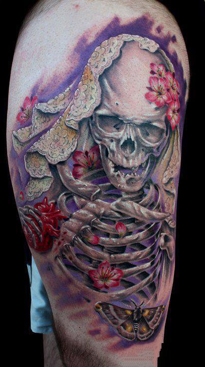 彩色的一组花朵骷髅纹身图案欣赏