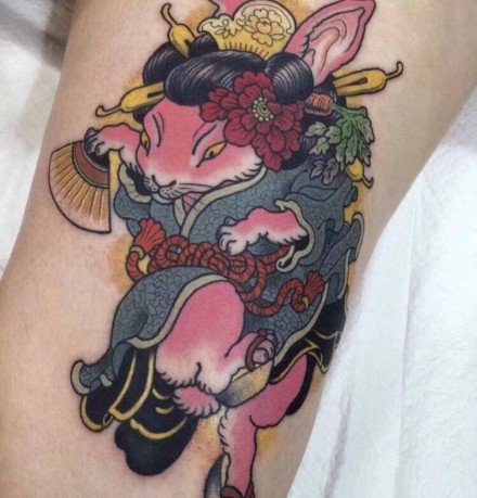 日式传统兔子老鼠青蛙等小彩色纹身图案