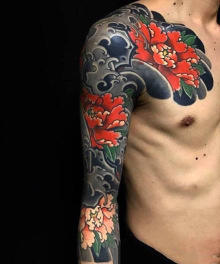日式老传统牡丹花臂纹身作品图案9张