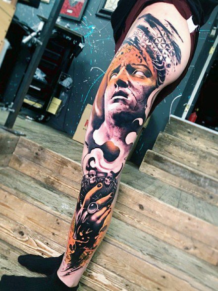 包手臂和腿部的暗黑人物写实纹身图