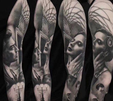 欧美黑灰写实风格的大黑花臂纹身图案