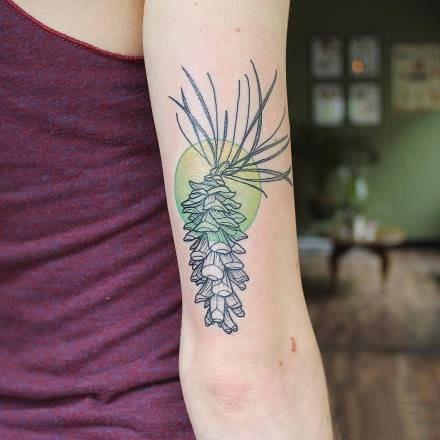 手臂上很好看的双色植物线条纹身图片