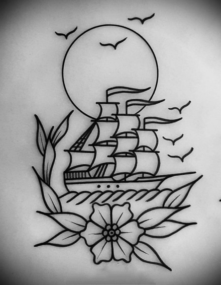 彩色oldschool风格的帆船纹身图案