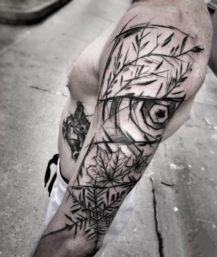 欧美风格的黑灰创意线条手臂纹身图案