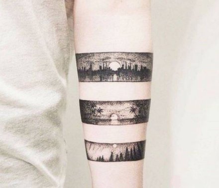 胳膊上的暗黑点刺森林树木纹身图案