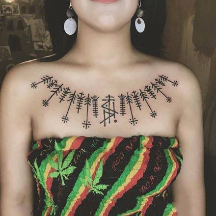 女生胸前锁骨处好看的一组纹身作品图案