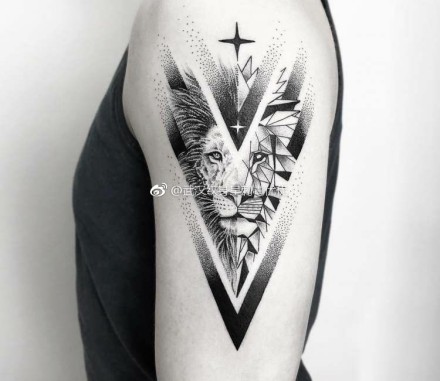 黑灰帅气的一组几何图形狮子纹身图片