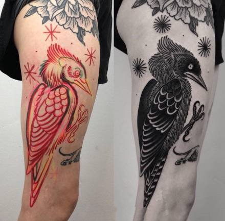 9张手臂的动物等纹身描线与作品对比图