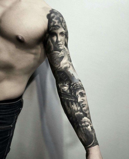 欧美宗教写实黑灰人物纹身作品图片