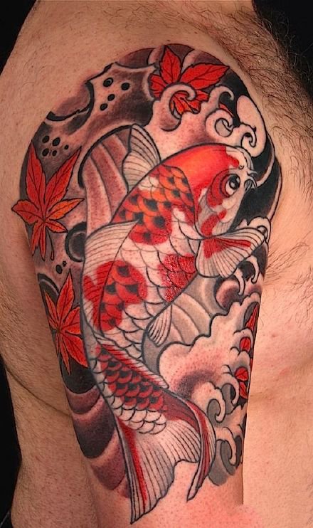 传统风格的包臂包腿鲤鱼系列纹身作品