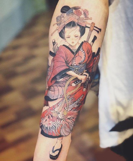 创意的一组日本艺伎风格的纹身图片