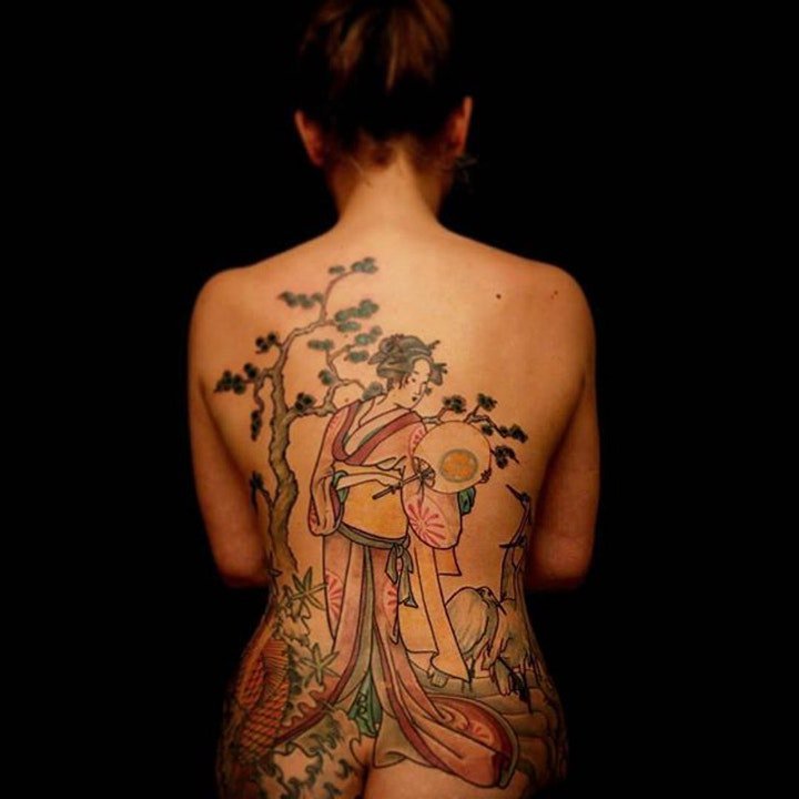 日本艺妓纹身图 黑灰或彩绘的日本艺妓包臂纹身图案