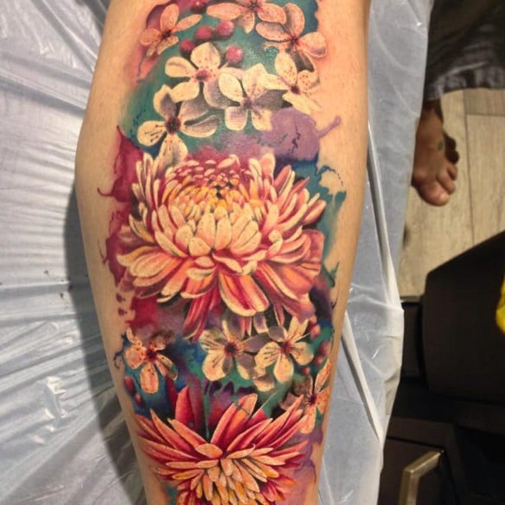 菊花纹身图案 多款彩绘纹身植物的菊花纹身图案