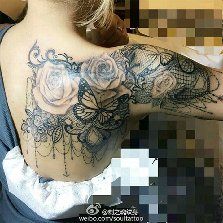花朵纹身图案 漂亮精致的玫瑰花与蝴蝶纹身花朵图案