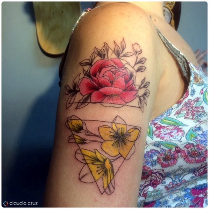 彩色花朵纹身 唯美妖艳的彩色花卉包臂纹身图案