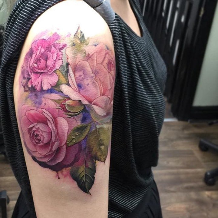 彩色花朵纹身 唯美妖艳的彩色花卉包臂纹身图案