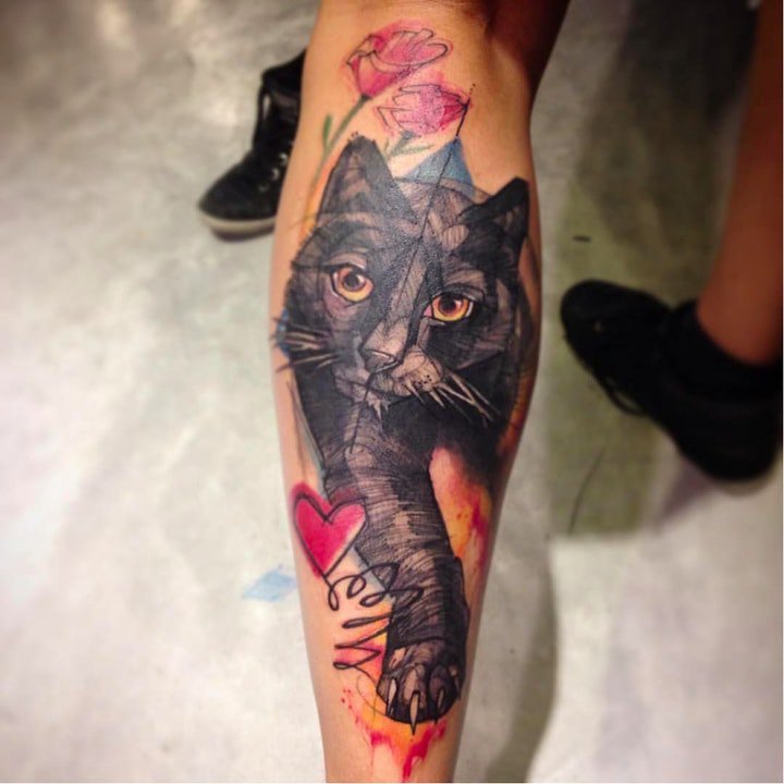 猫的纹身图案 形态各异或彩绘或黑灰风格猫的纹身图案