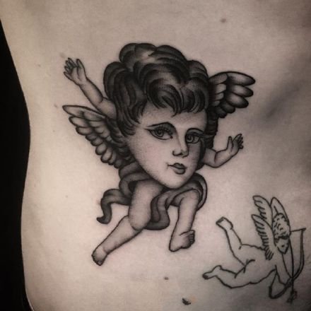 纹身小天使-黑灰色的一组西方小天使纹身图案