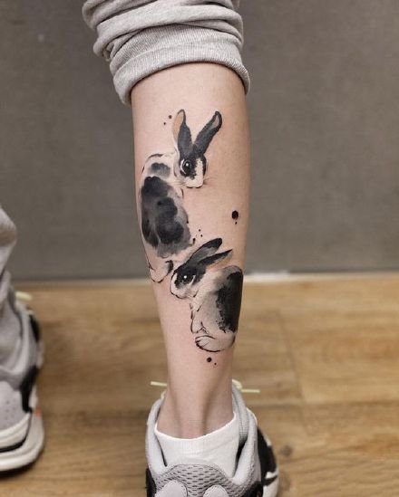 一组水墨风格的兔子纹身图片