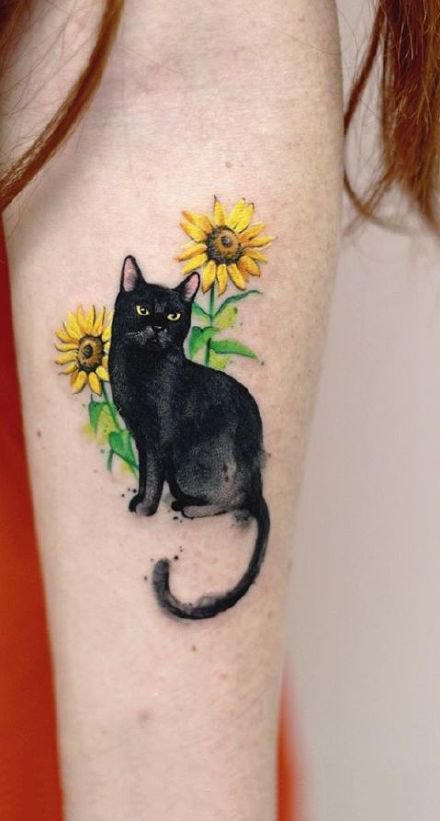 黑色猫纹身 9款黑色的一组猫主题纹身图片