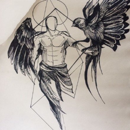 翅膀纹身 黑色的一组帅气点线翅膀主题纹身作品