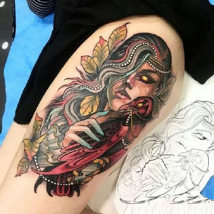 重彩色的一组9张包臂女郎人物纹身图片