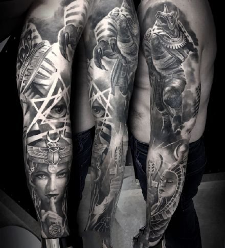 包臂写实纹身 15款包手臂的欧美写实黑灰图案
