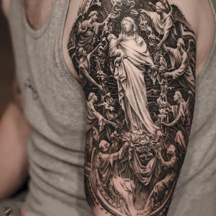 欧美宗教主题的一组包大臂写实纹身图片
